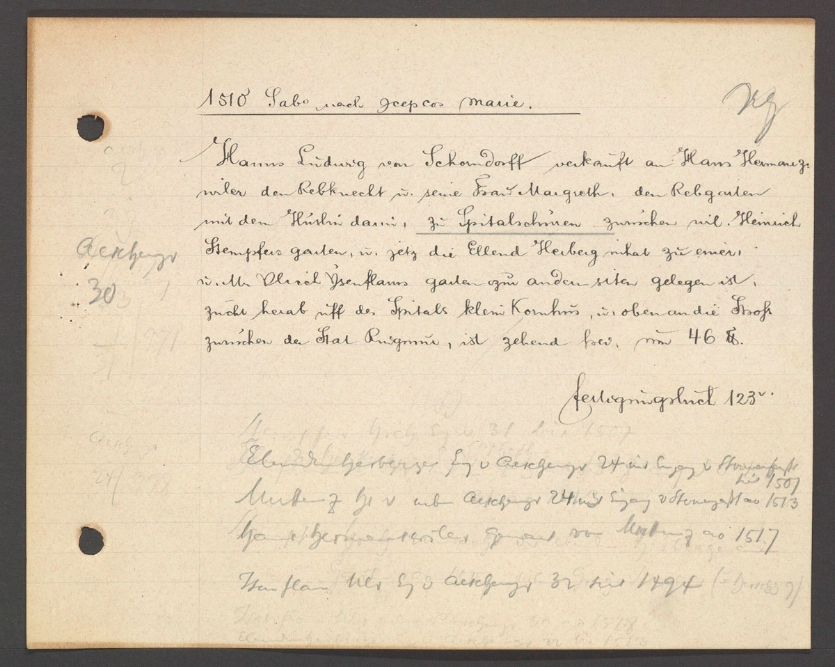 Eine Registerkarte, welche den Kauf einer Liegenschaft im Jahr 1510 beschreibt.