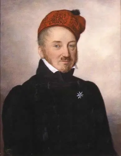 Painted portrait of Joseph von Laßberg, an elderly man with white hair in a dark coat